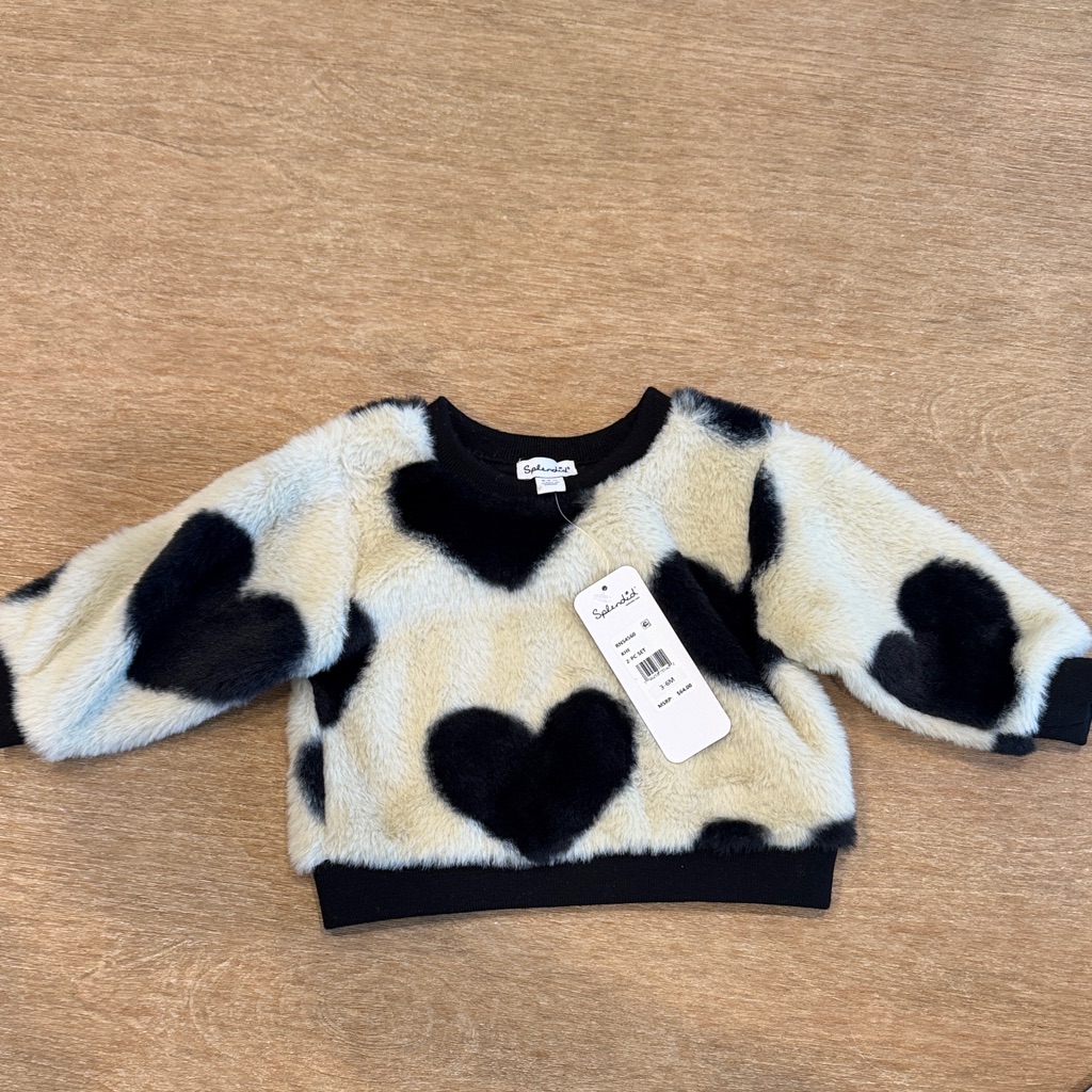 Splendid Cream And Black Fuzzy Heart Sweater